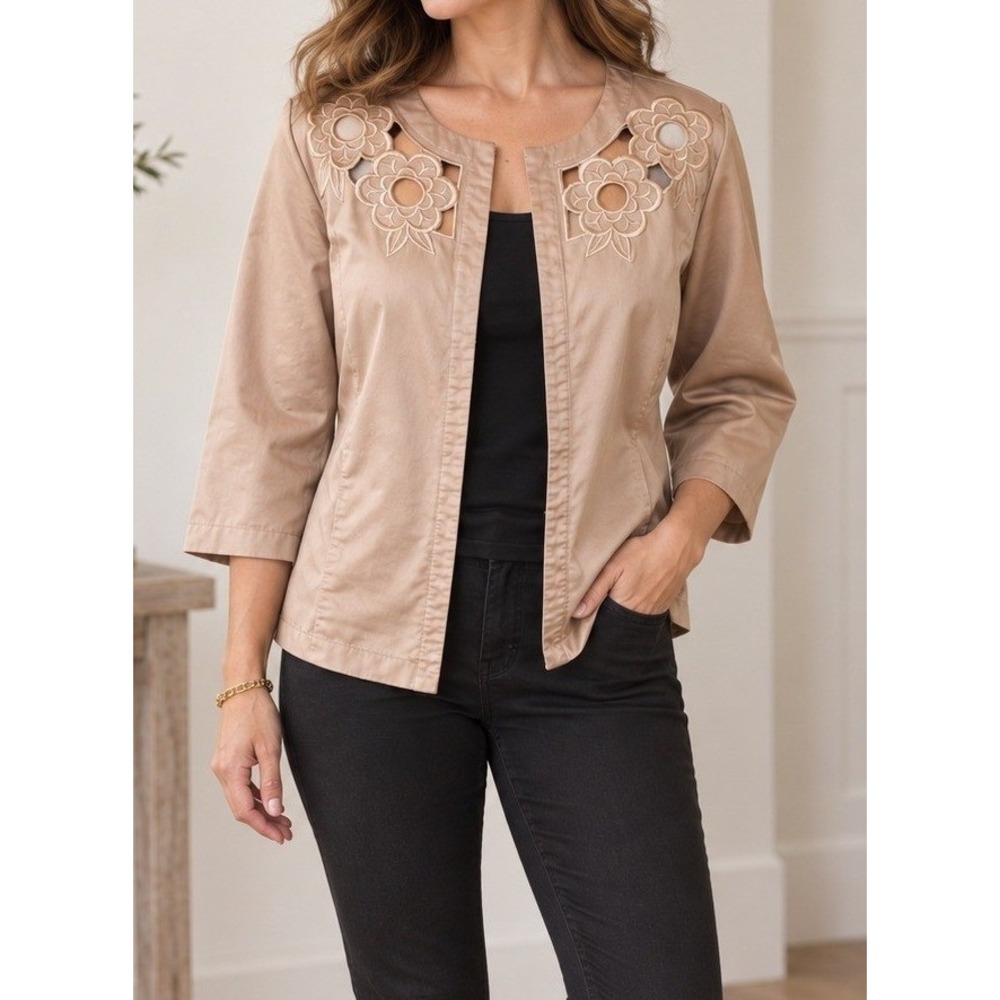 Bob Mackie Wearable Art Womens S Peach Floral Embroidered Cutout Jacket‎ Boho